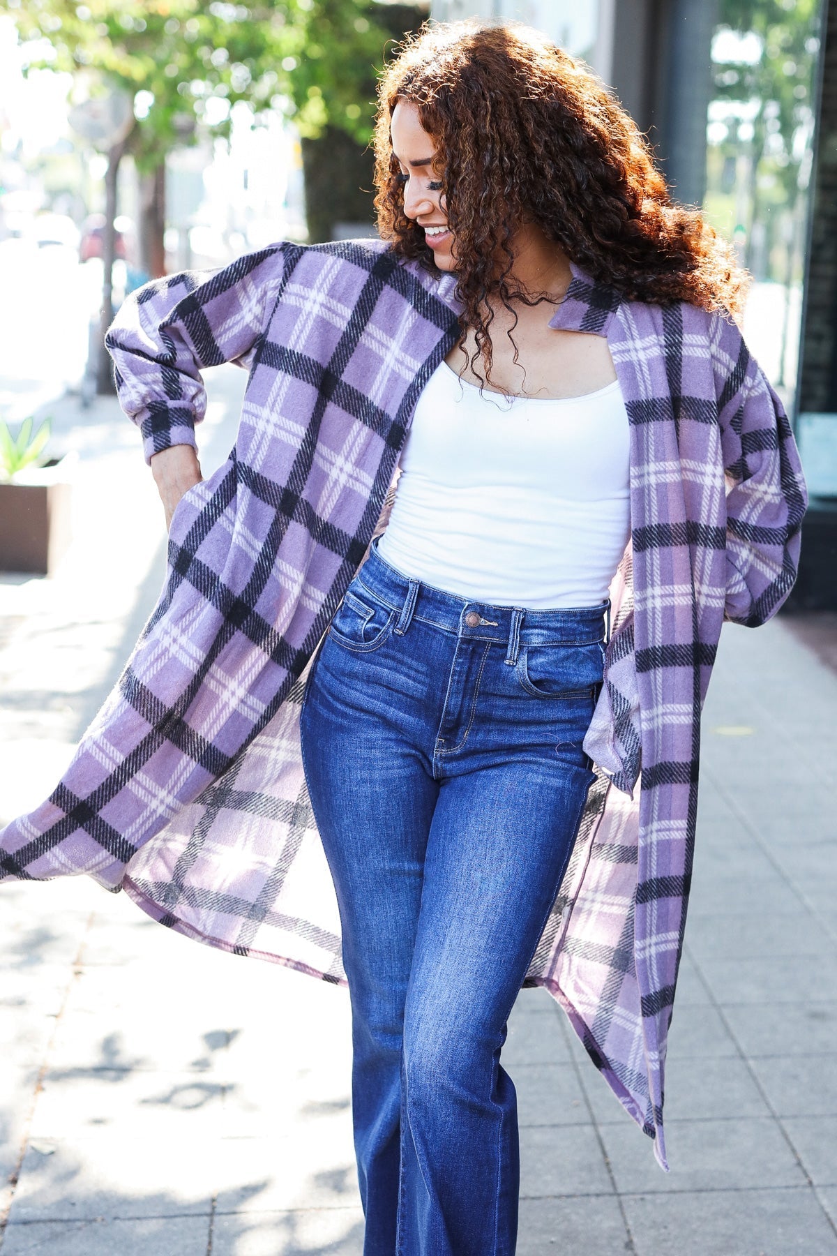 Lavender Plaid Hacci Knit Open Cardigan