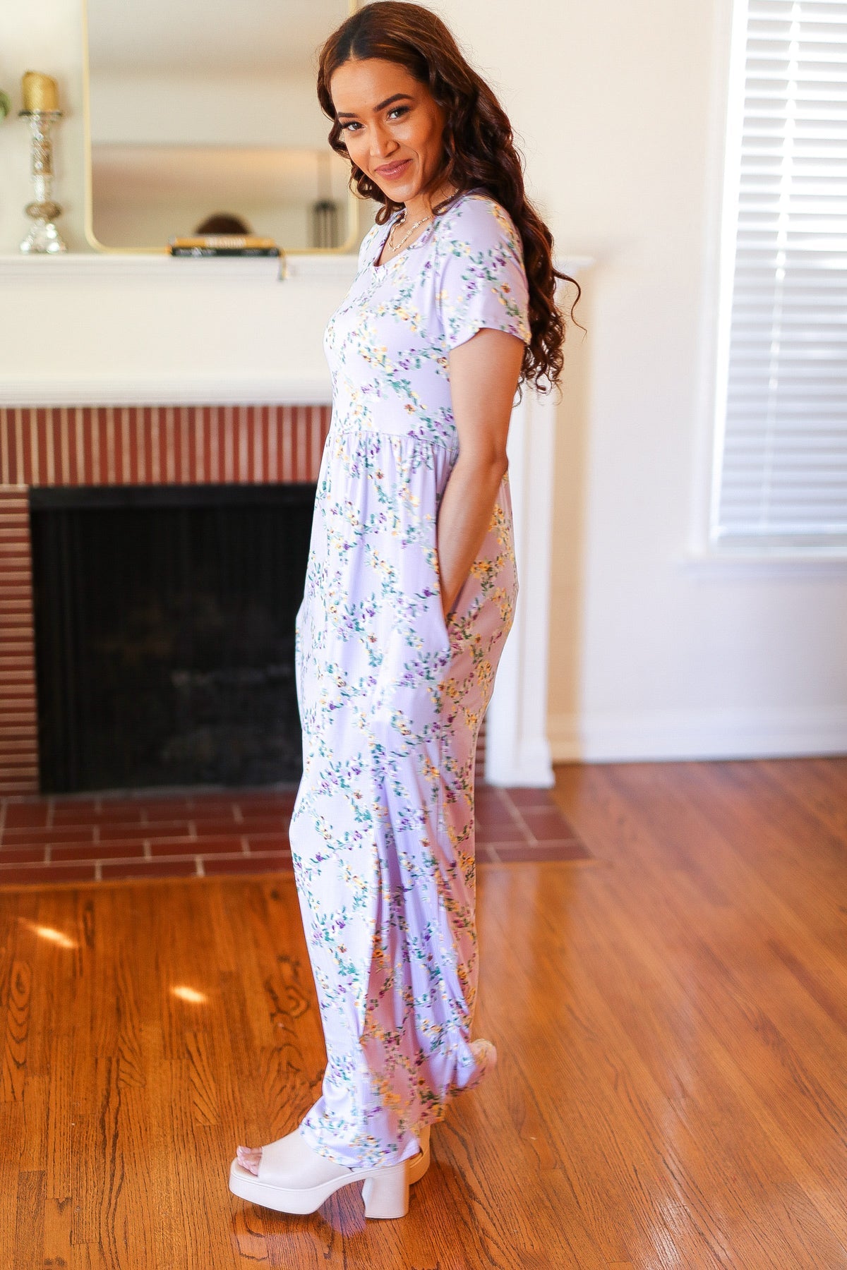 Lilac Floral Print Pocketed Fit & Flare Maxi Dress