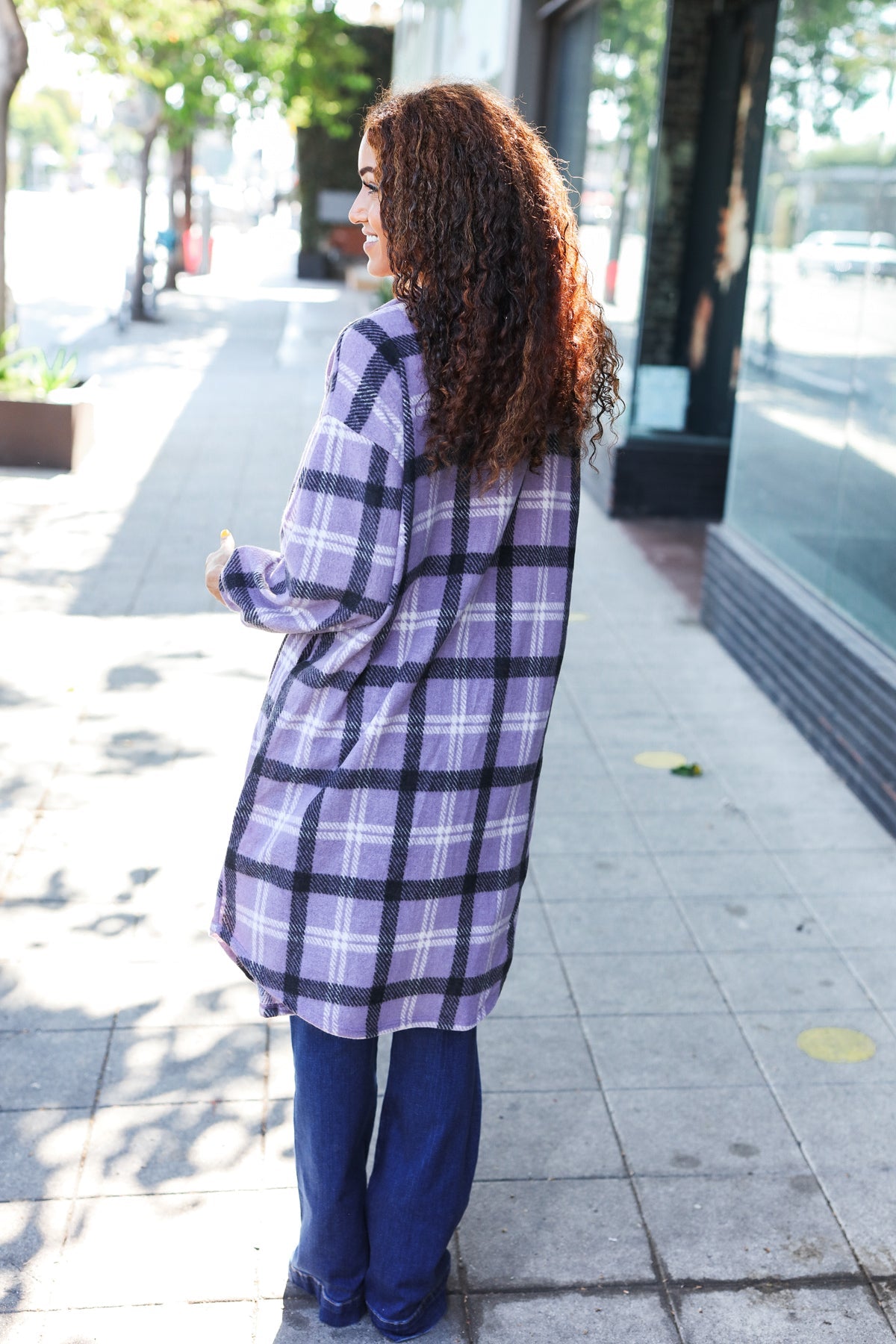 Lavender Plaid Hacci Knit Open Cardigan