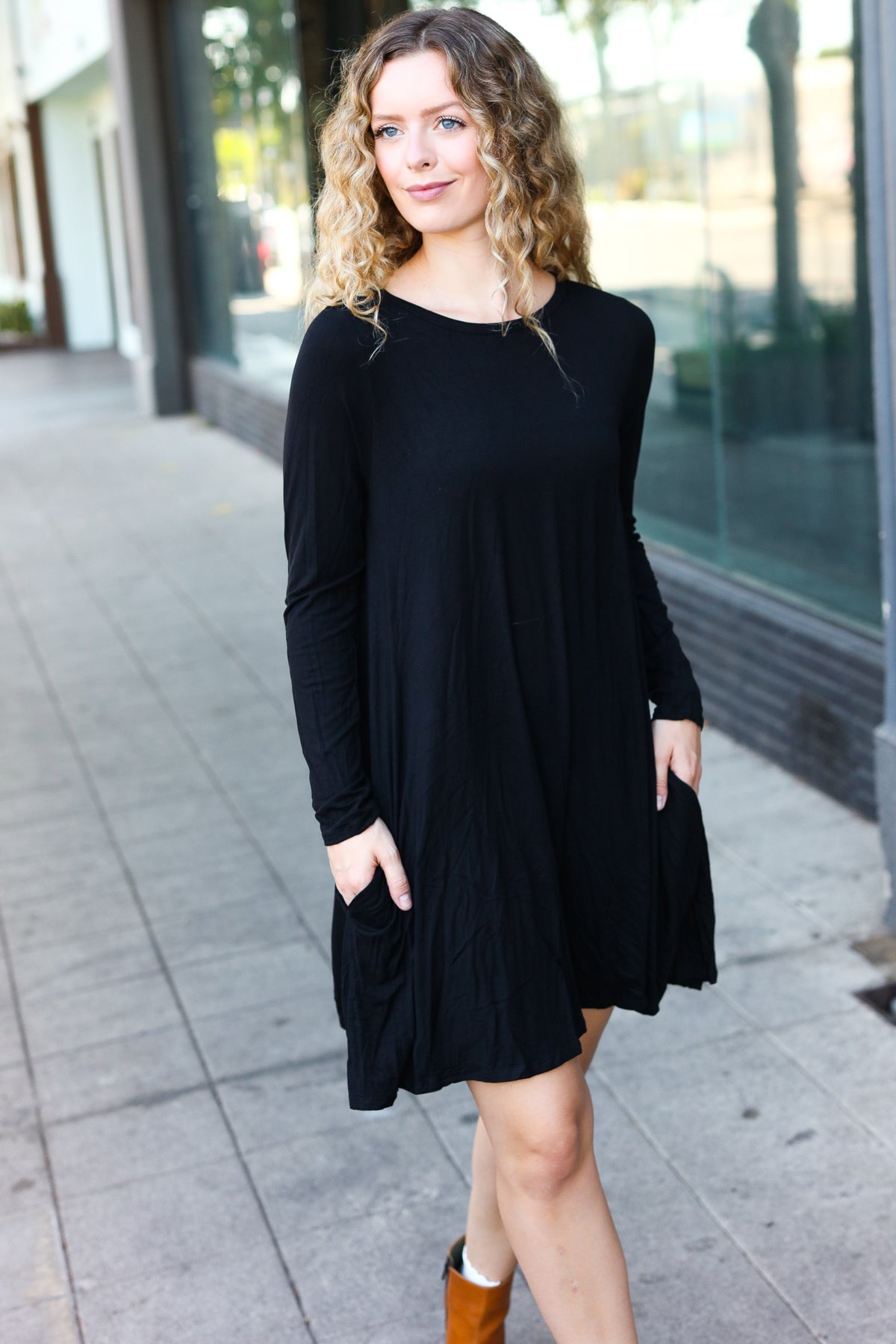 Black Long Sleeve Shift Knit Dress