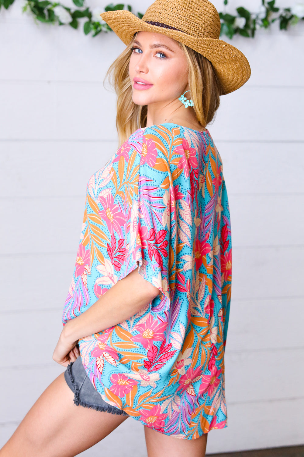 Blue Pink Tropical Floral Oversized Dolman Blouse Top
