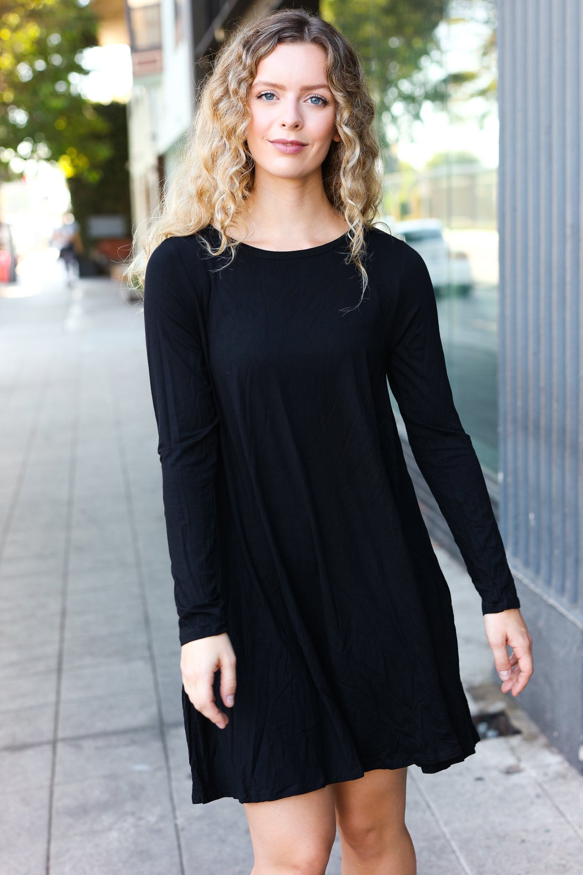 Black Long Sleeve Shift Knit Dress