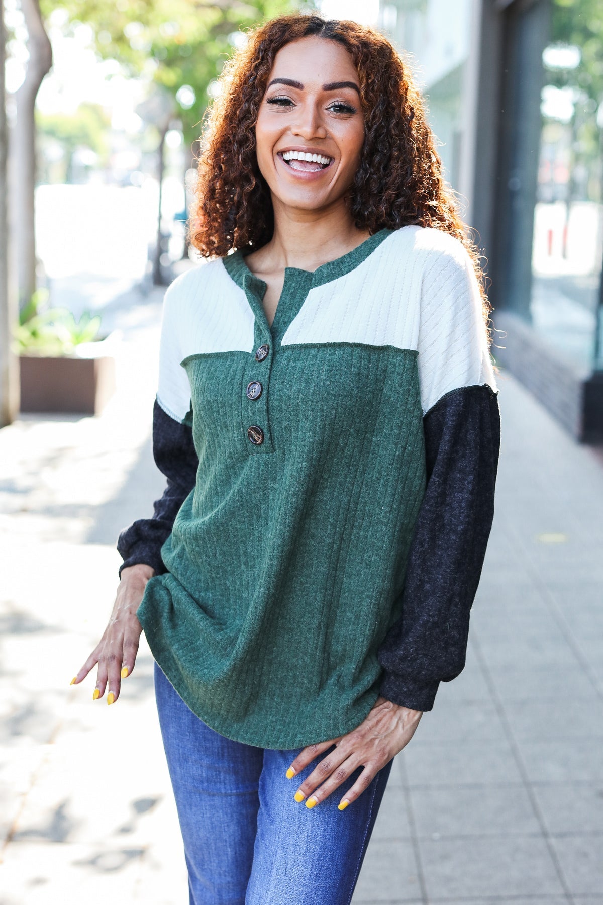 Olive & Charcoal Ribbed Henley Color Block Sweater Top