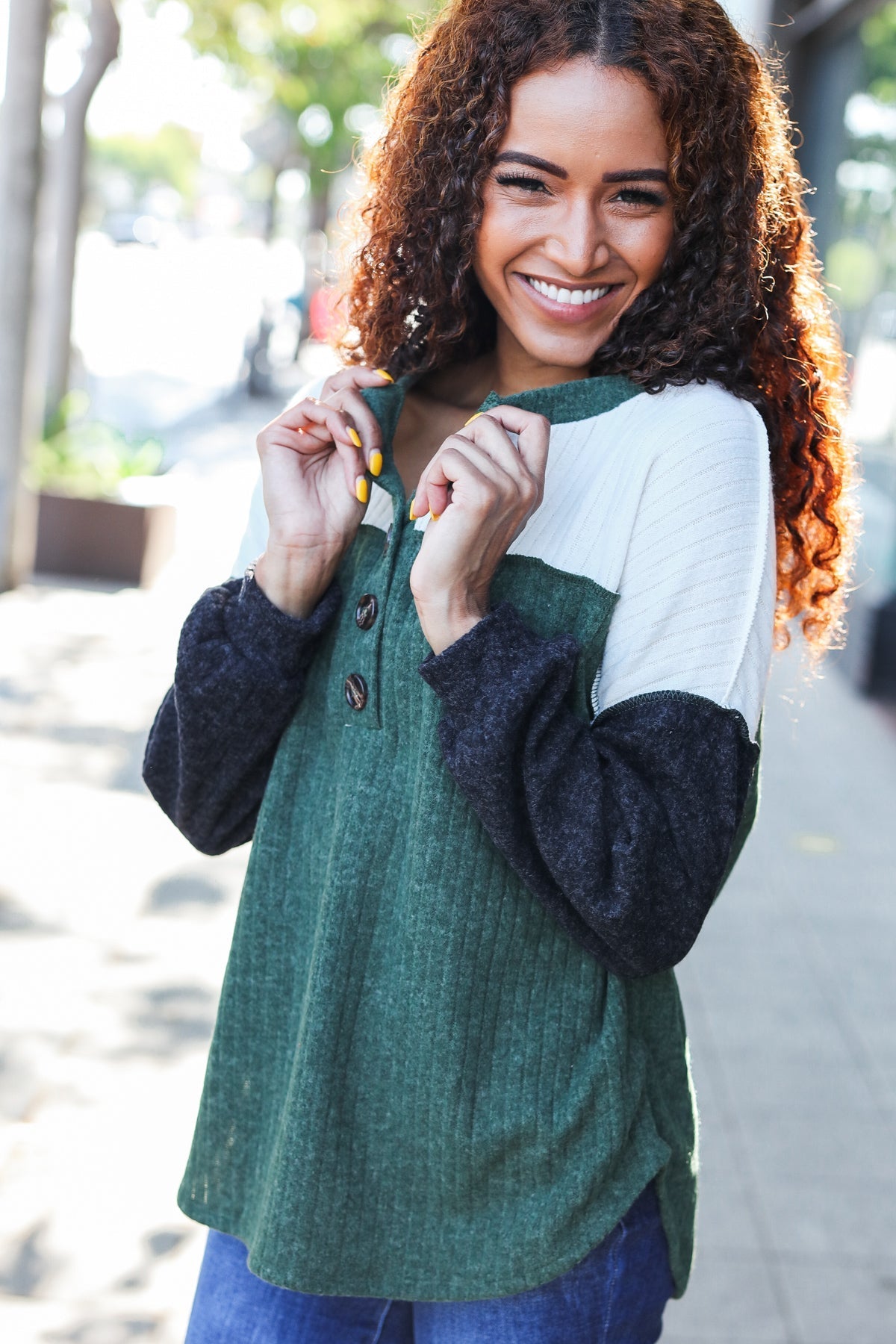 Olive & Charcoal Ribbed Henley Color Block Sweater Top