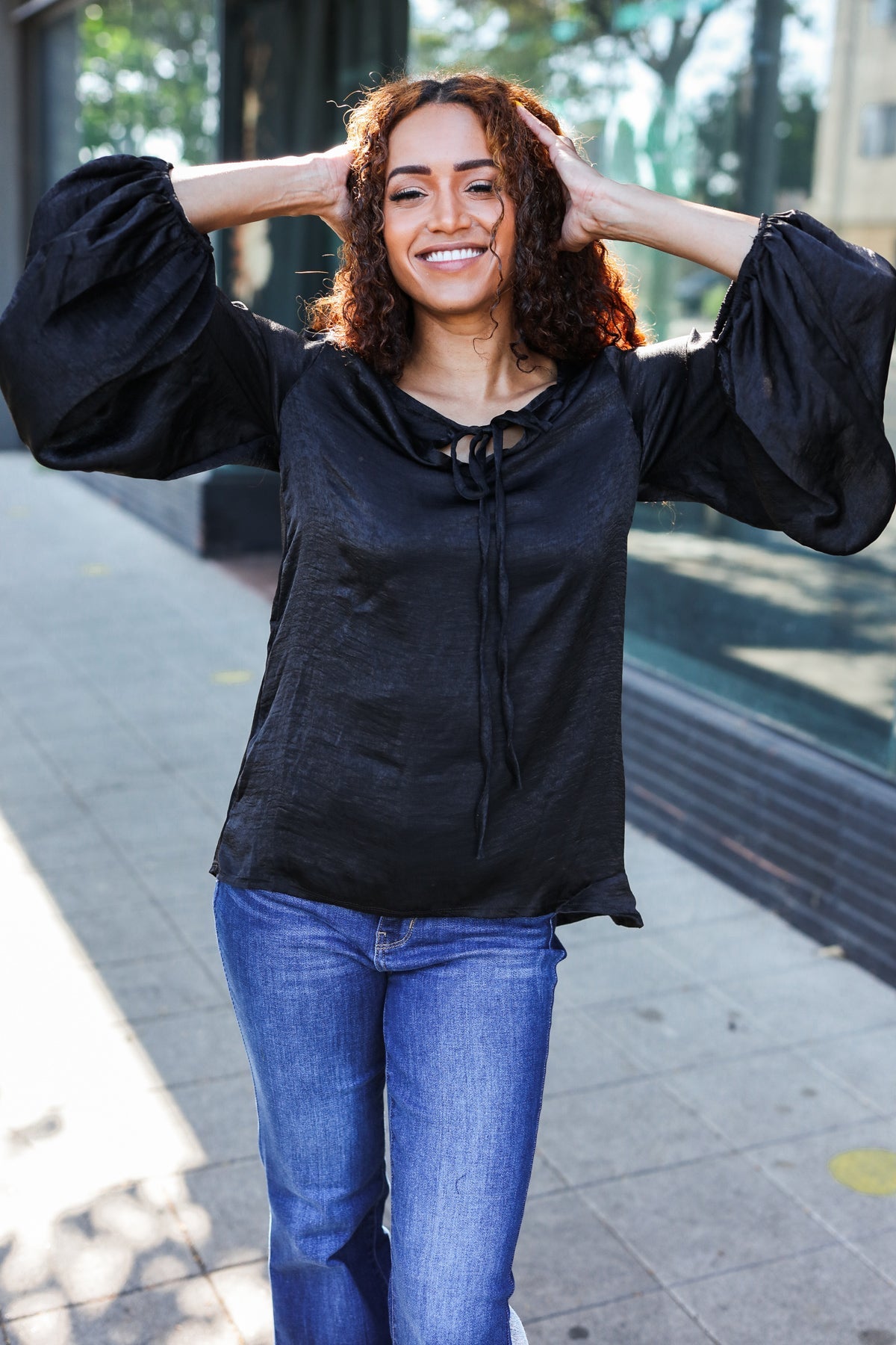 Black Woven Front Tie Silky Blouse