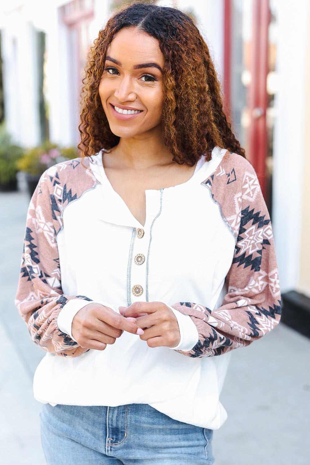 Cream Aztec Print French Terry Henley Top