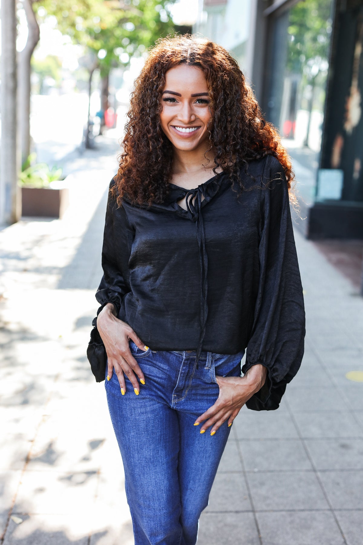 Black Woven Front Tie Silky Blouse