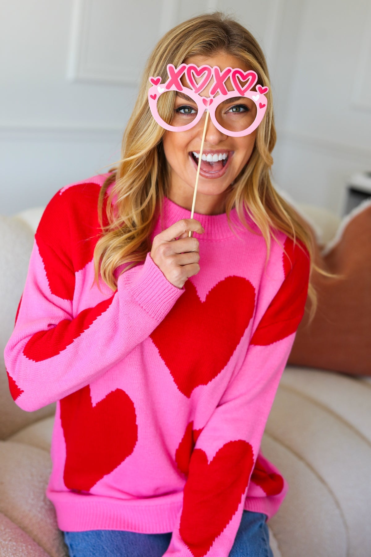 Pink & Red Heart Jacquard Sweater