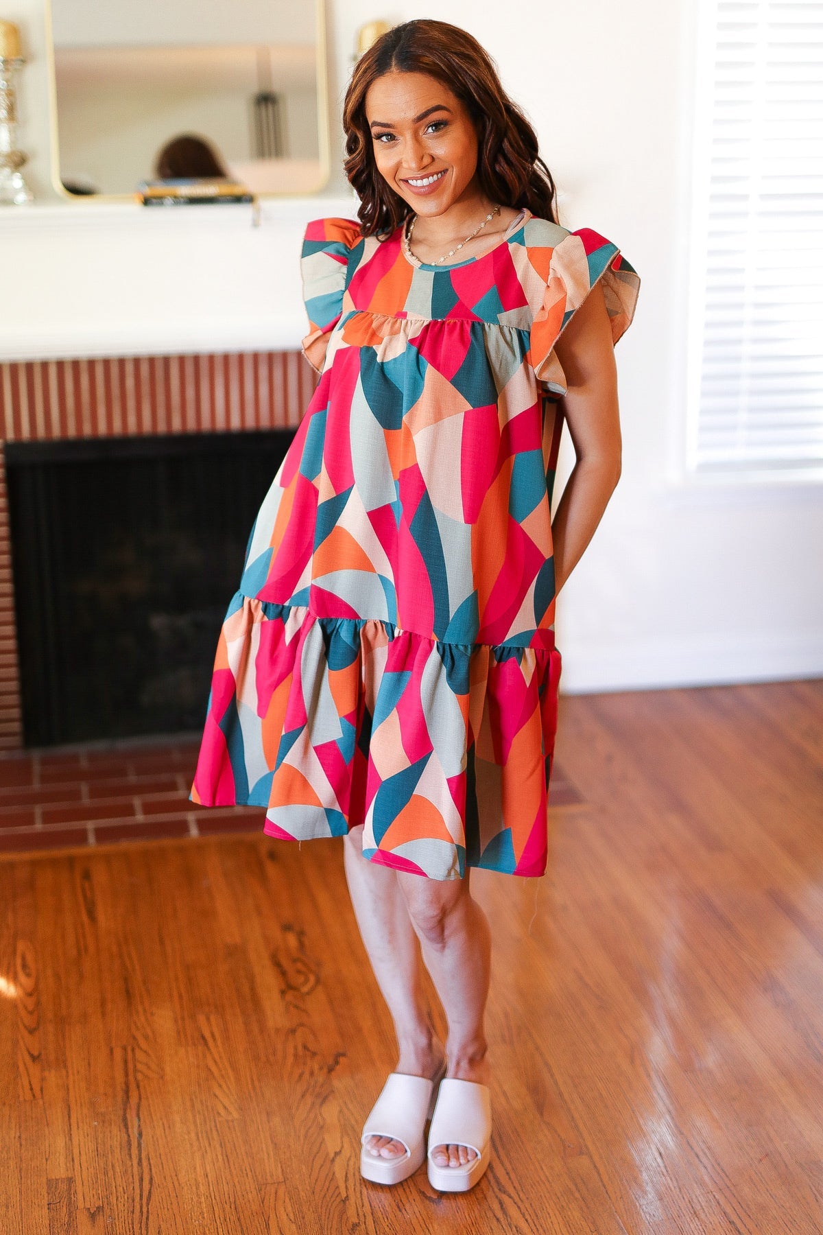 Magenta & Teal Geometric Yoke Woven Dress