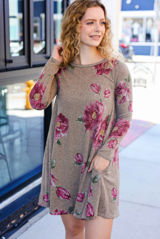 Taupe & French Rose Floral Long Sleeve Dress