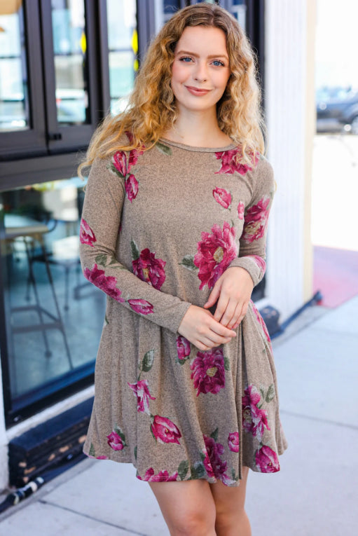 Taupe & French Rose Floral Long Sleeve Dress