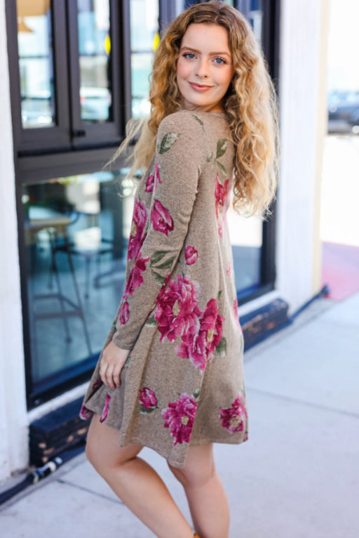 Taupe & French Rose Floral Long Sleeve Dress