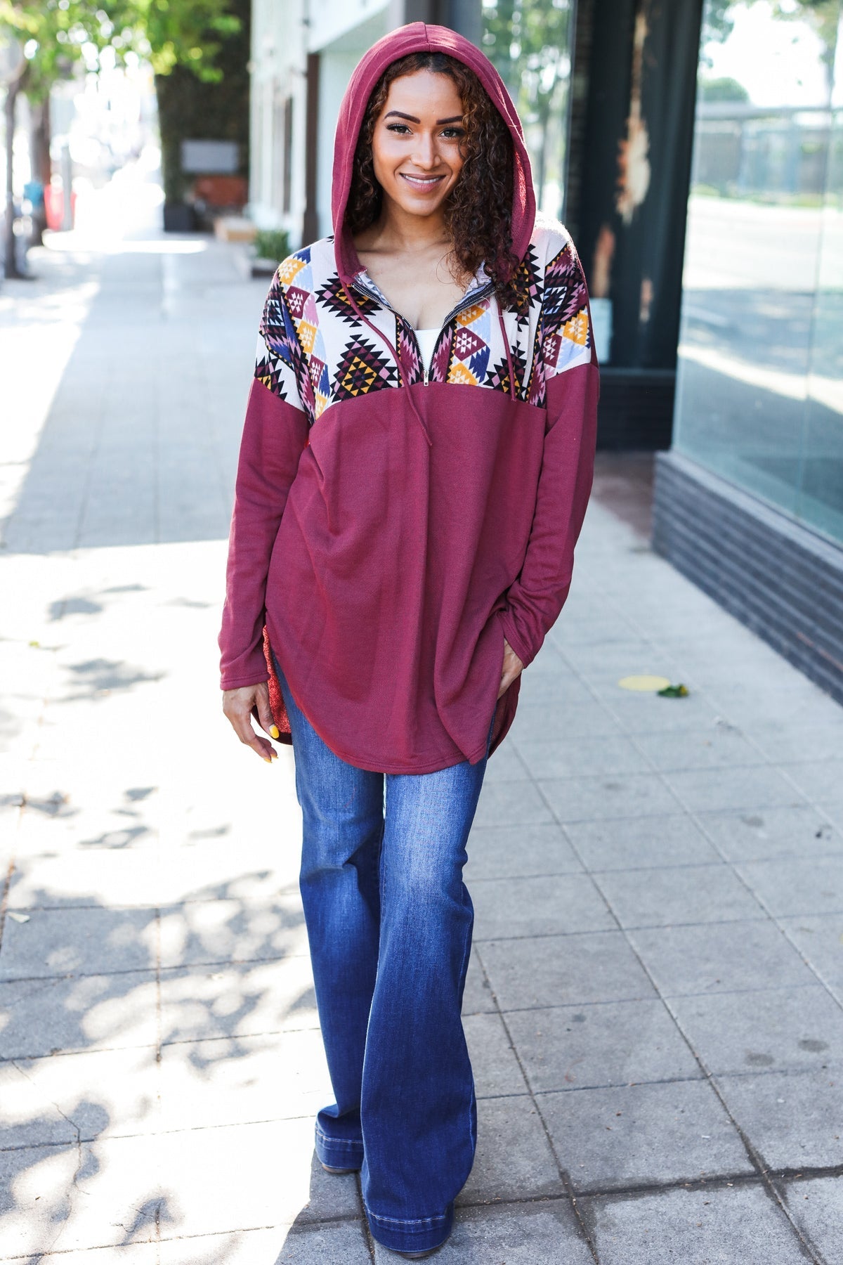 Burgundy Tribal Print Half Zip Longline Hoodie