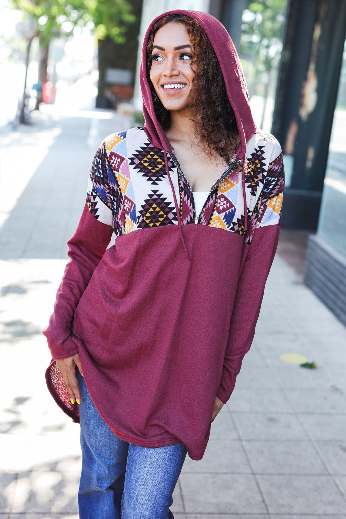 Burgundy Tribal Print Half Zip Longline Hoodie