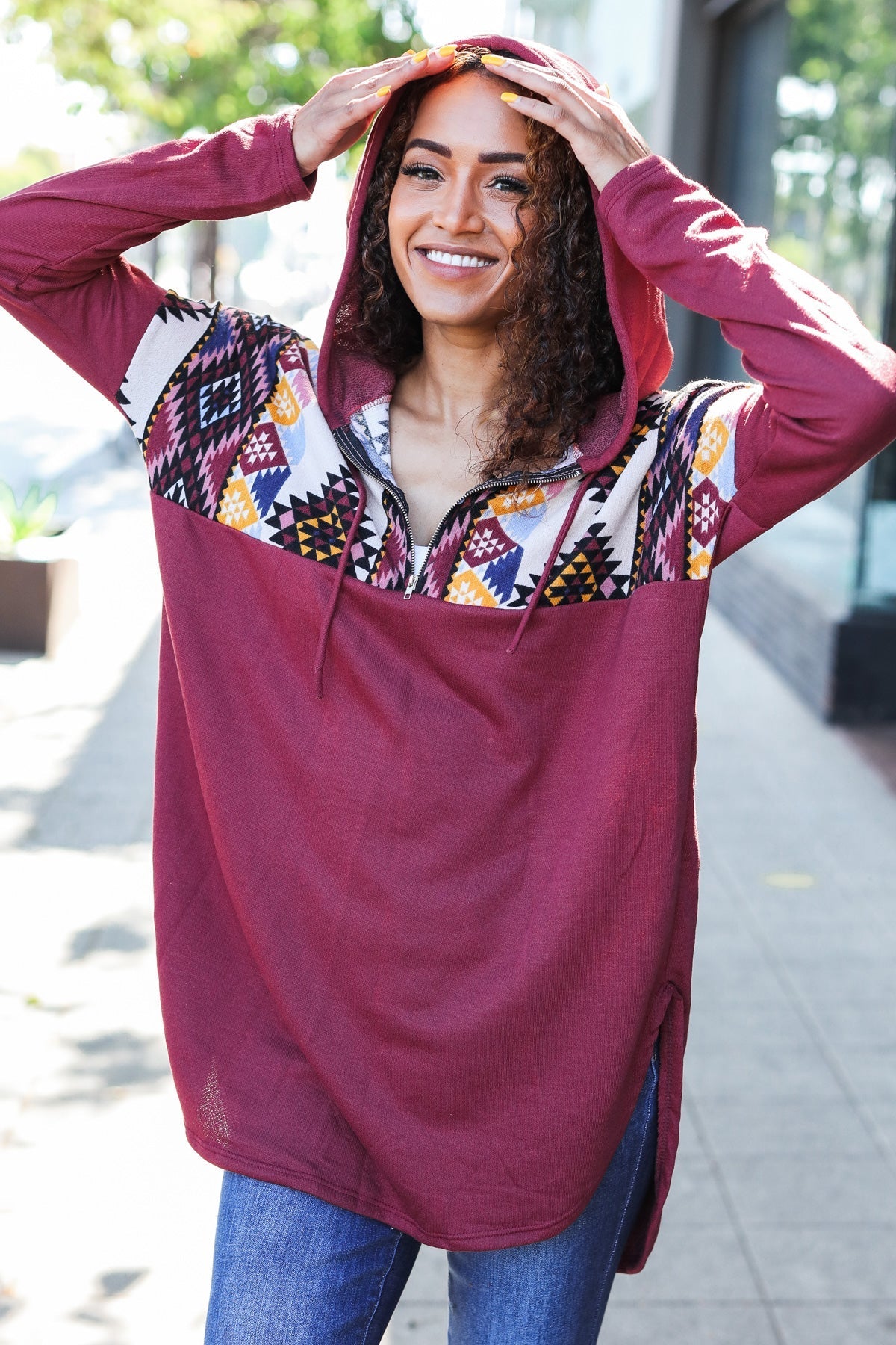 Burgundy Tribal Print Half Zip Longline Hoodie