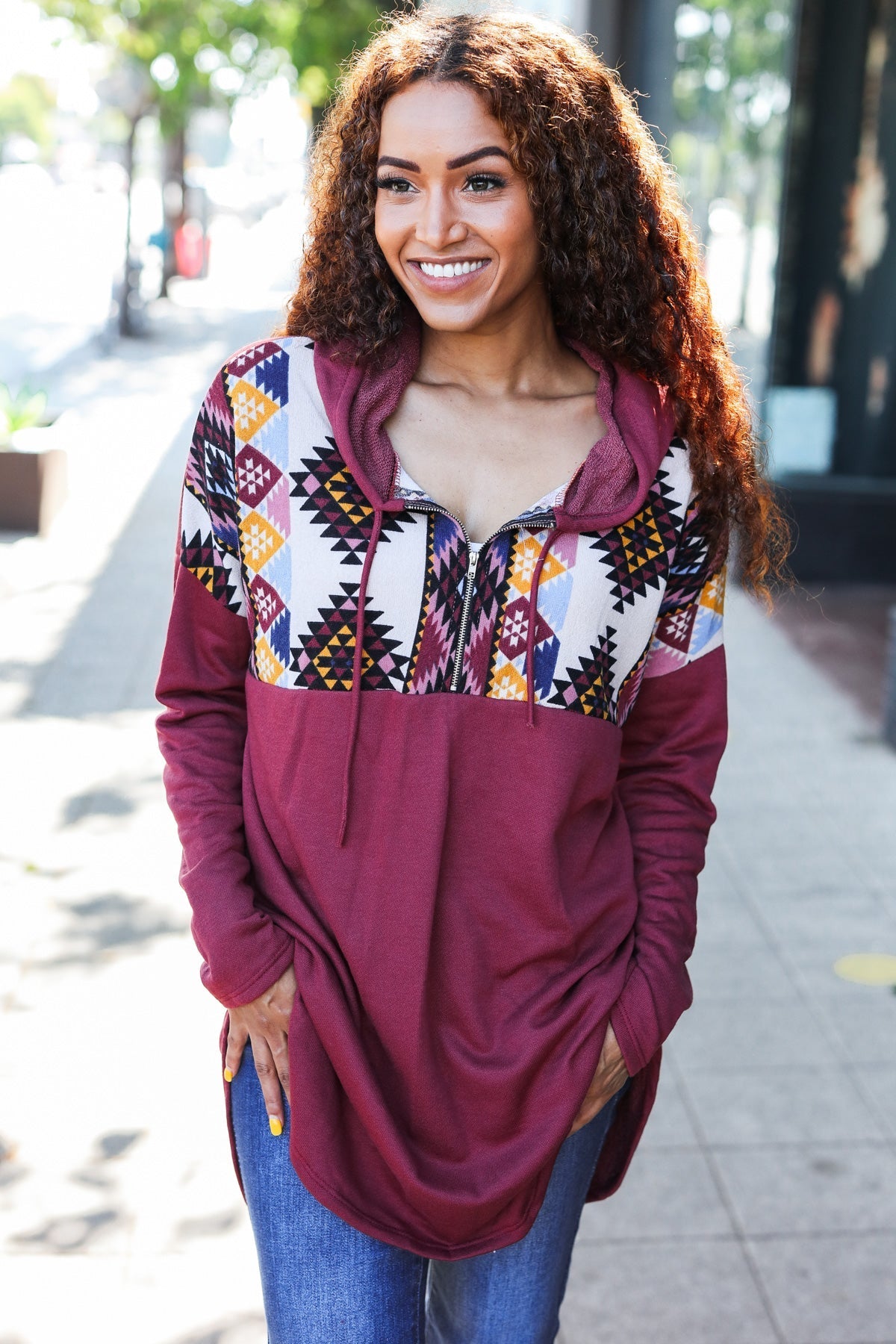 Burgundy Tribal Print Half Zip Longline Hoodie