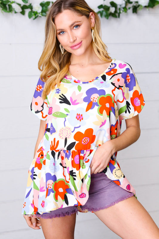 Multicolor Flat Floral V Neck Woven Babydoll Top