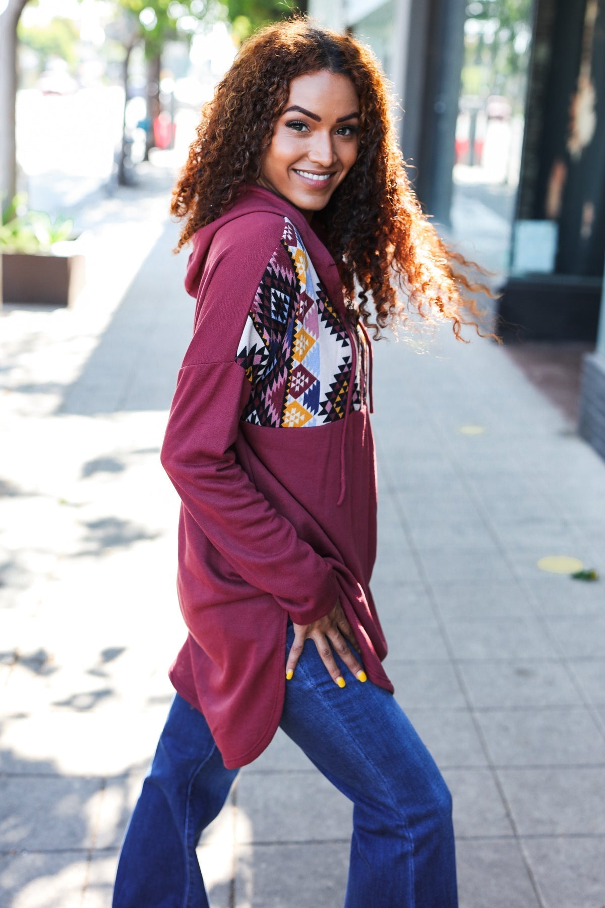 Burgundy Tribal Print Half Zip Longline Hoodie