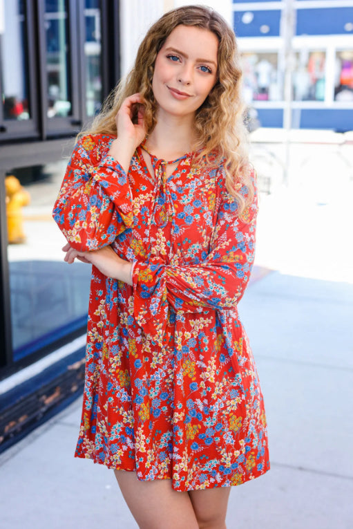 Rust Floral Tie Front Elastic Bell Sleeve Dress