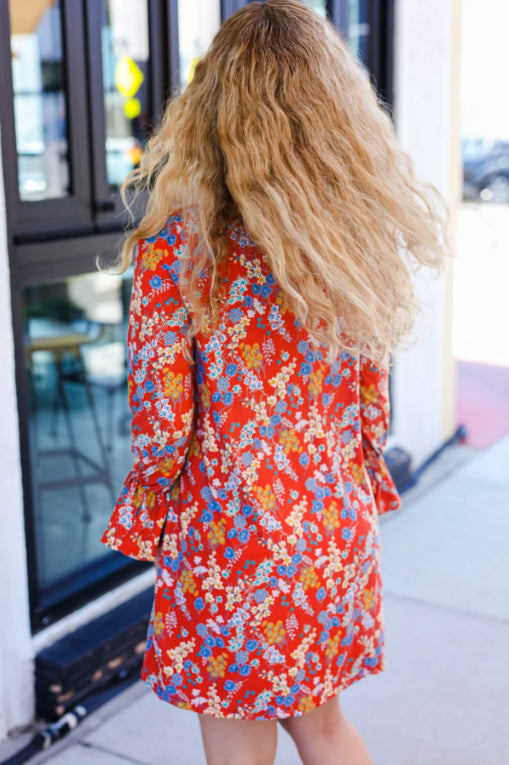 Rust Floral Tie Front Elastic Bell Sleeve Dress