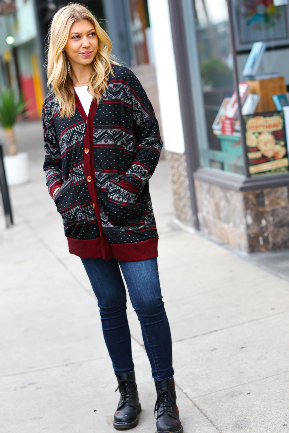 Burgundy Fair Isle Button Cardigan