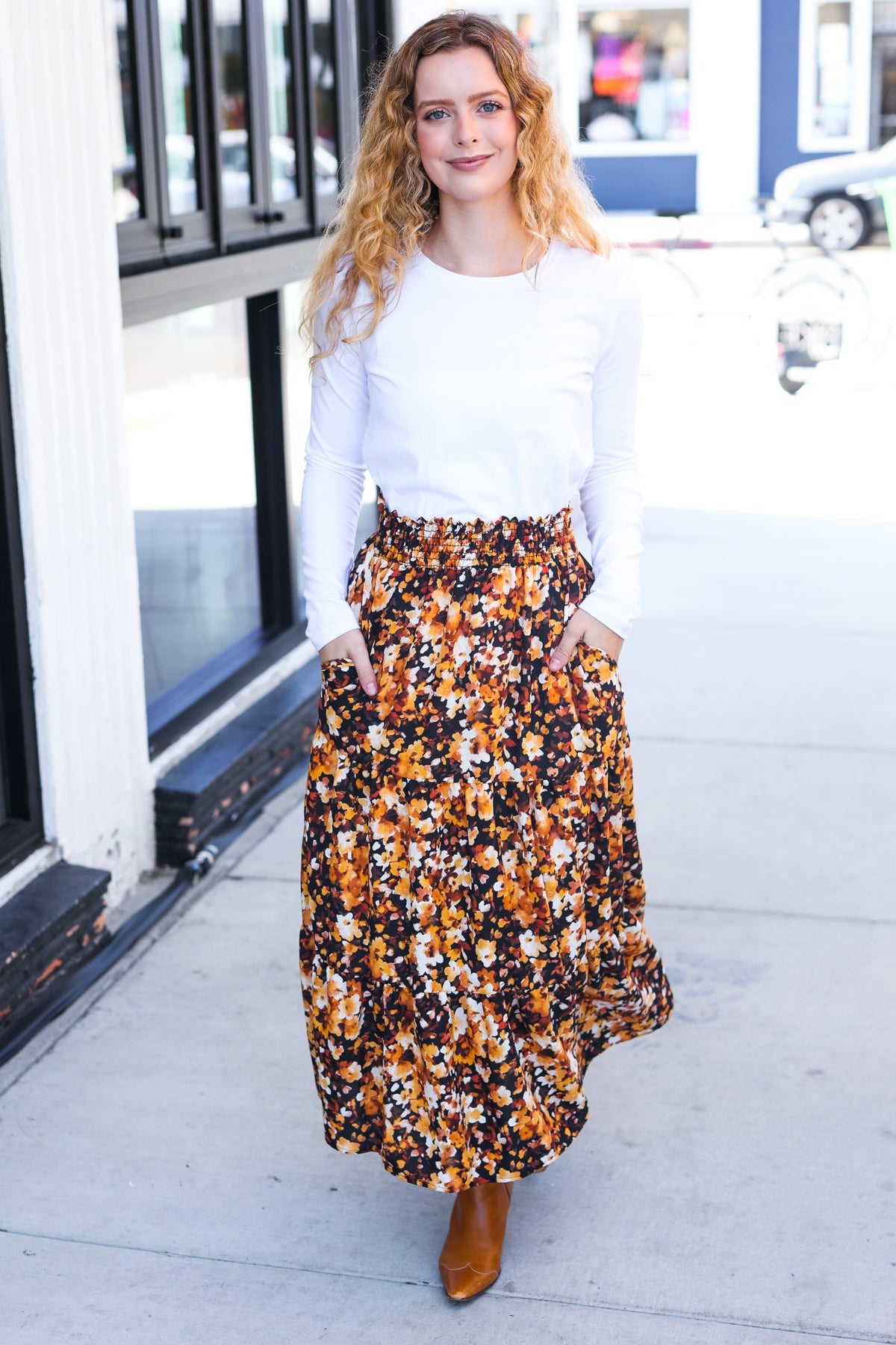 Black Floral Tiered Smocked Waist Midi Skirt