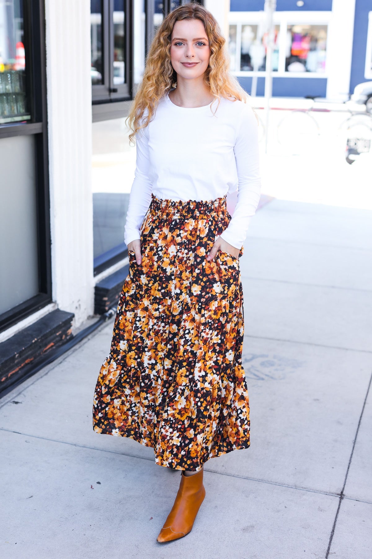 Black Floral Tiered Smocked Waist Midi Skirt