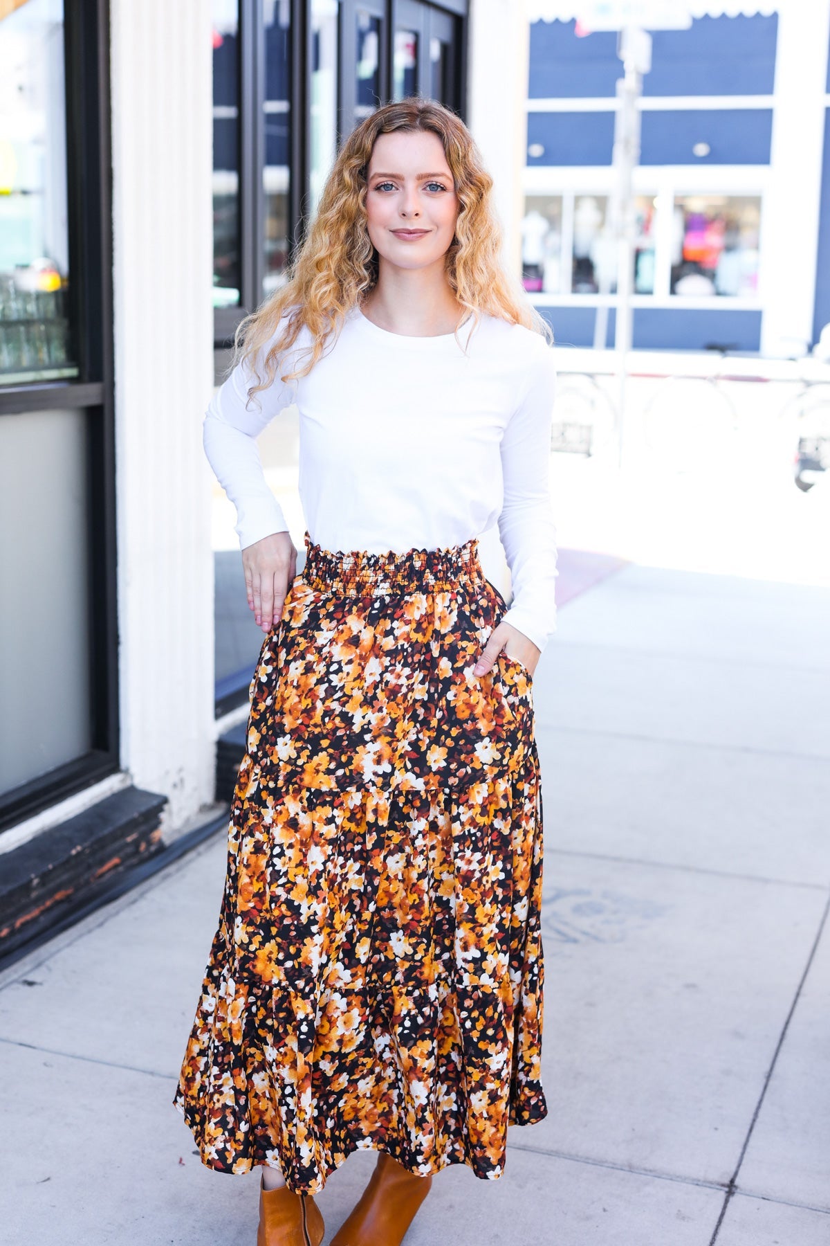 Black Floral Tiered Smocked Waist Midi Skirt