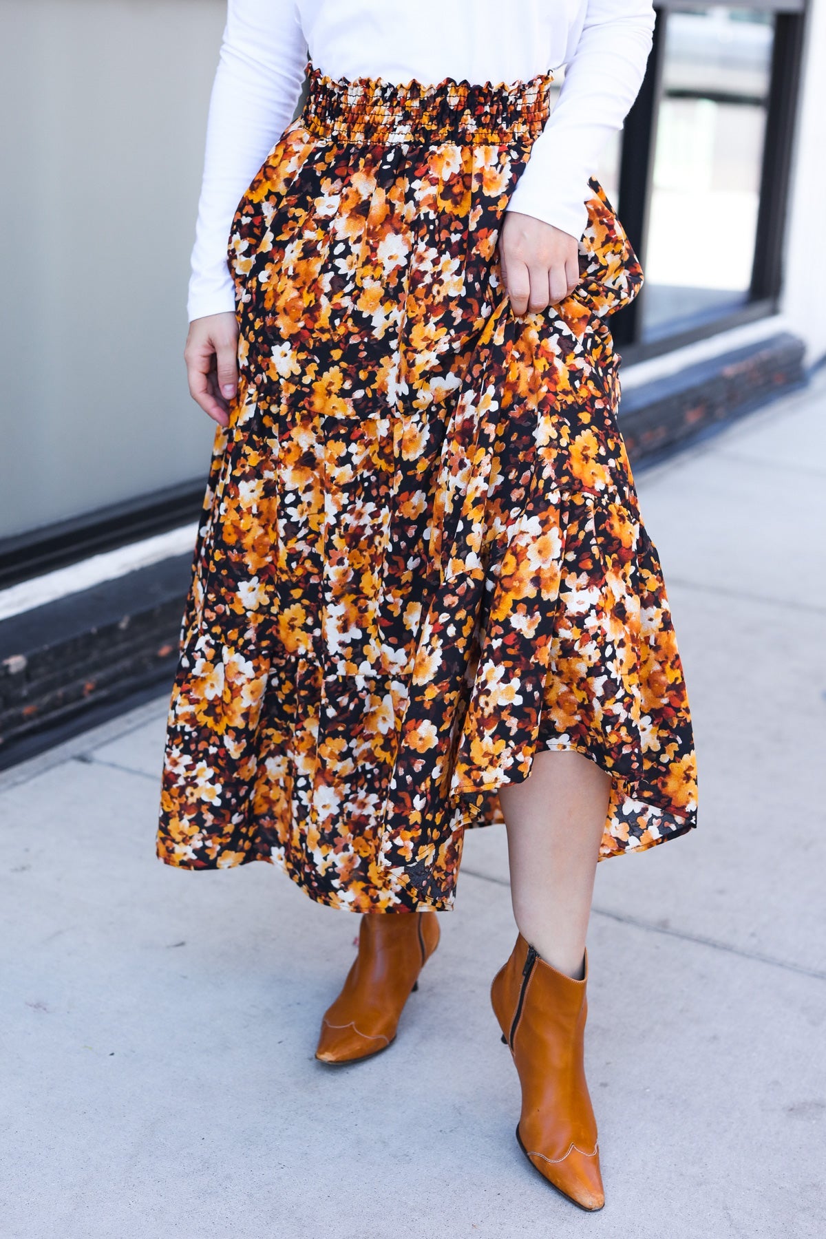 Black Floral Tiered Smocked Waist Midi Skirt