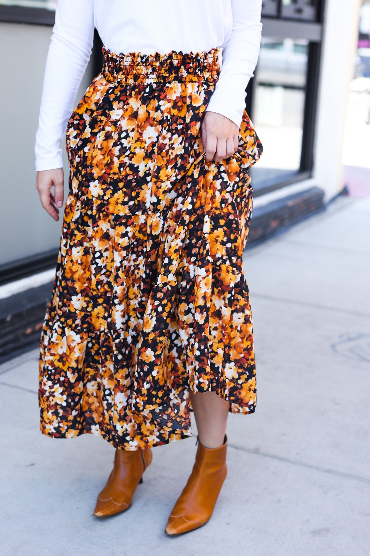 Black Floral Tiered Smocked Waist Midi Skirt