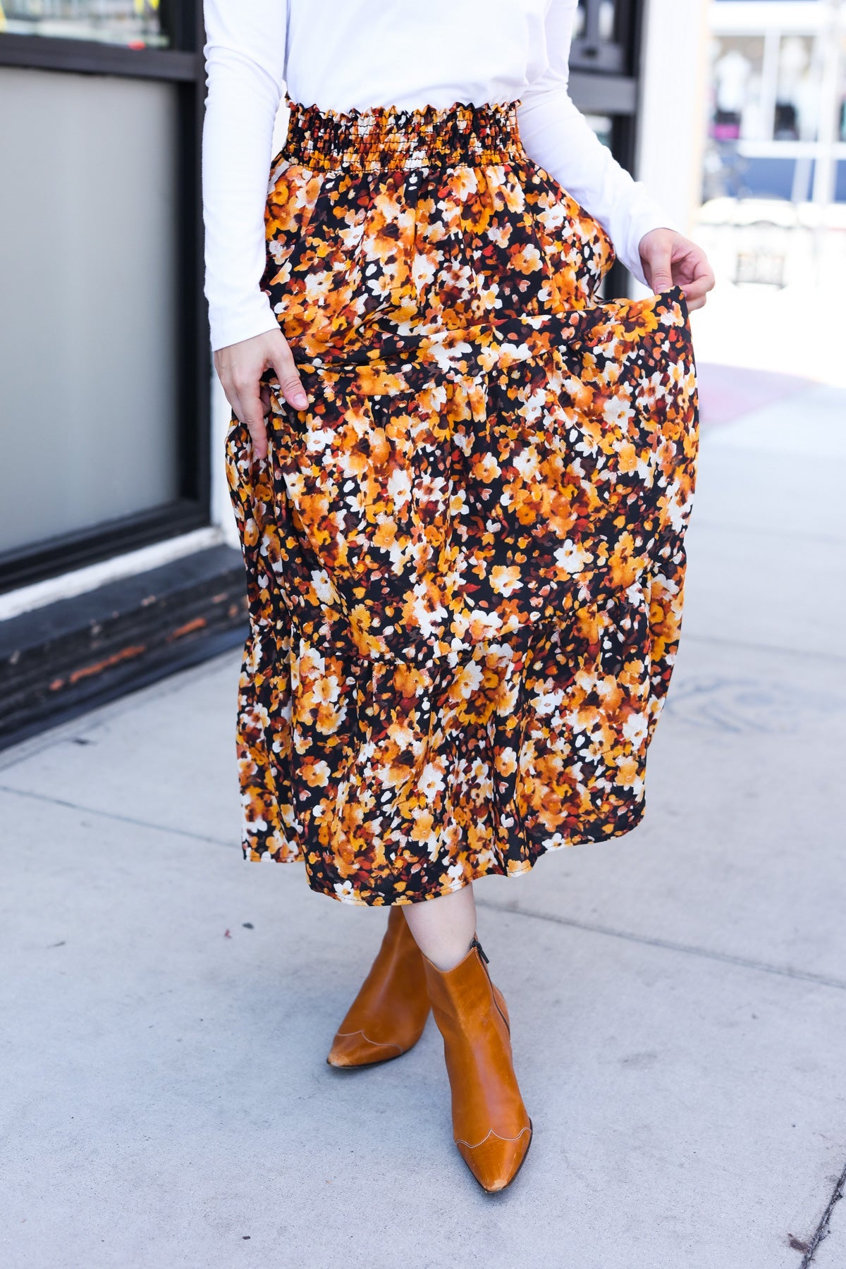 Black Floral Tiered Smocked Waist Midi Skirt