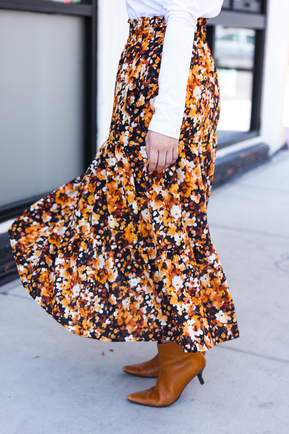 Black Floral Tiered Smocked Waist Midi Skirt