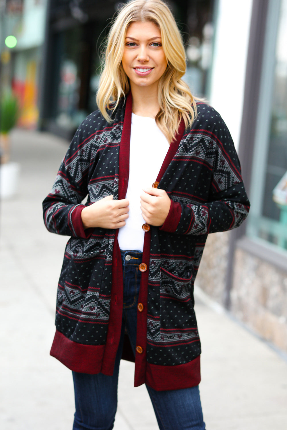 Burgundy Fair Isle Button Cardigan