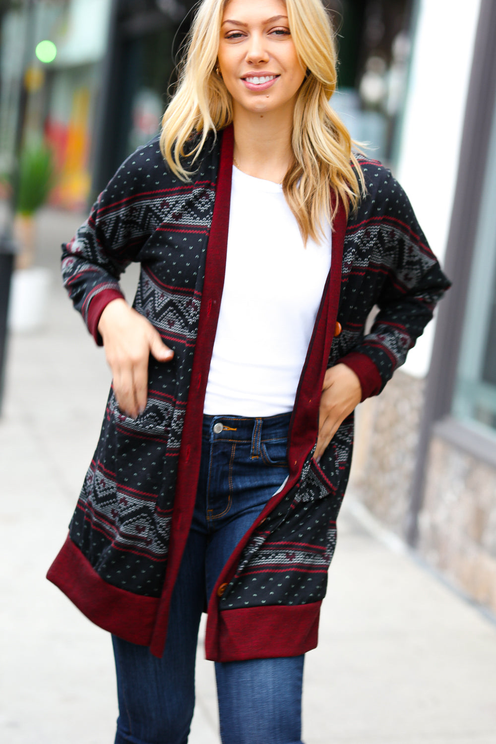 Burgundy Fair Isle Button Cardigan