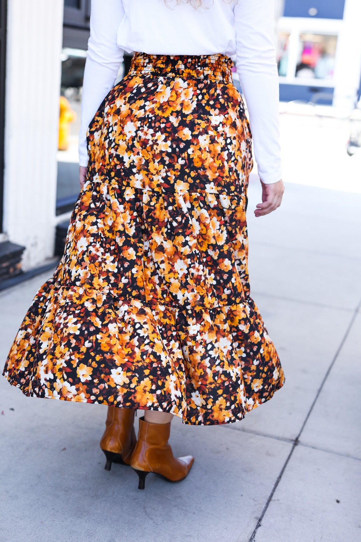 Black Floral Tiered Smocked Waist Midi Skirt