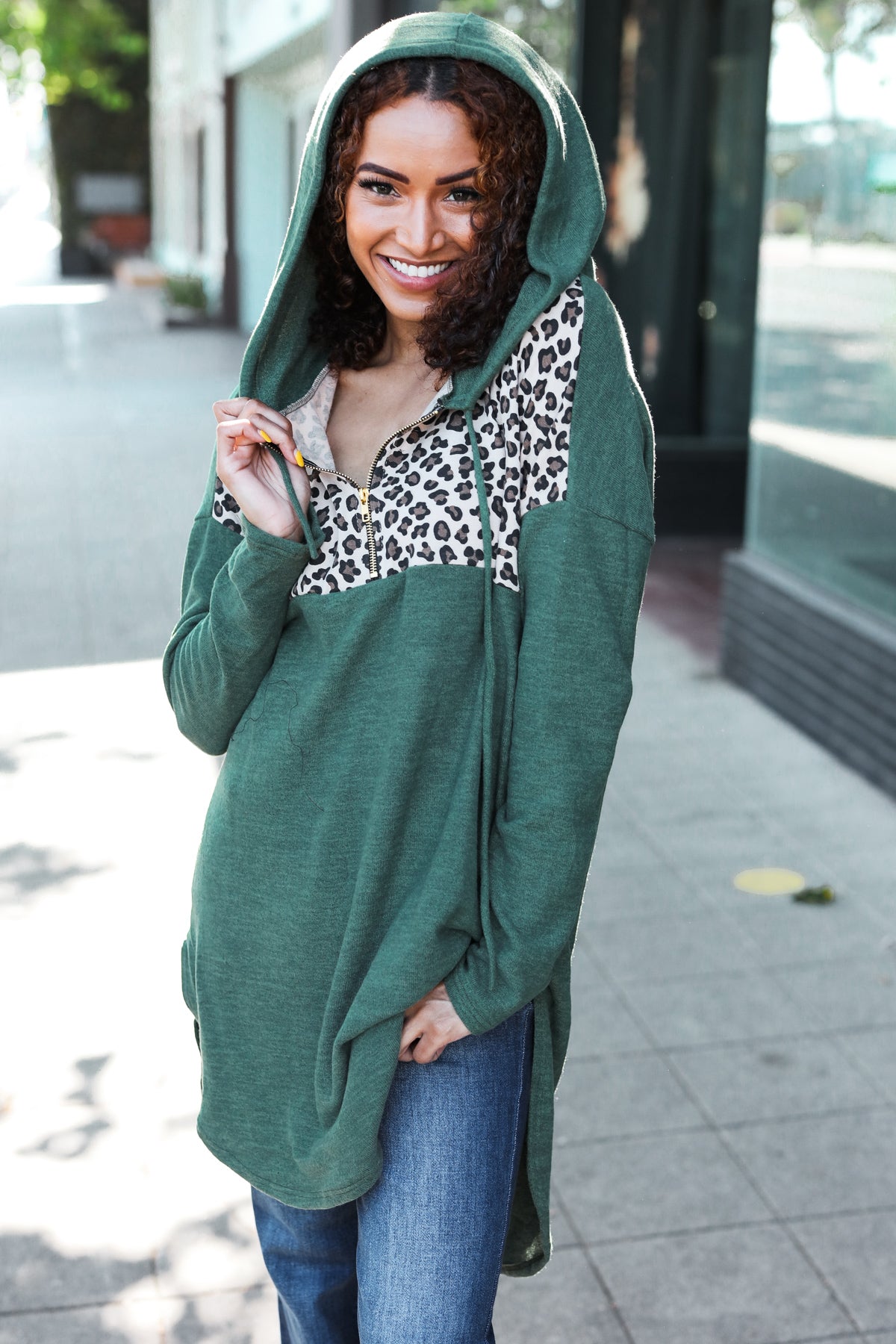 Olive Leopard Half Zip Longline Hoodie