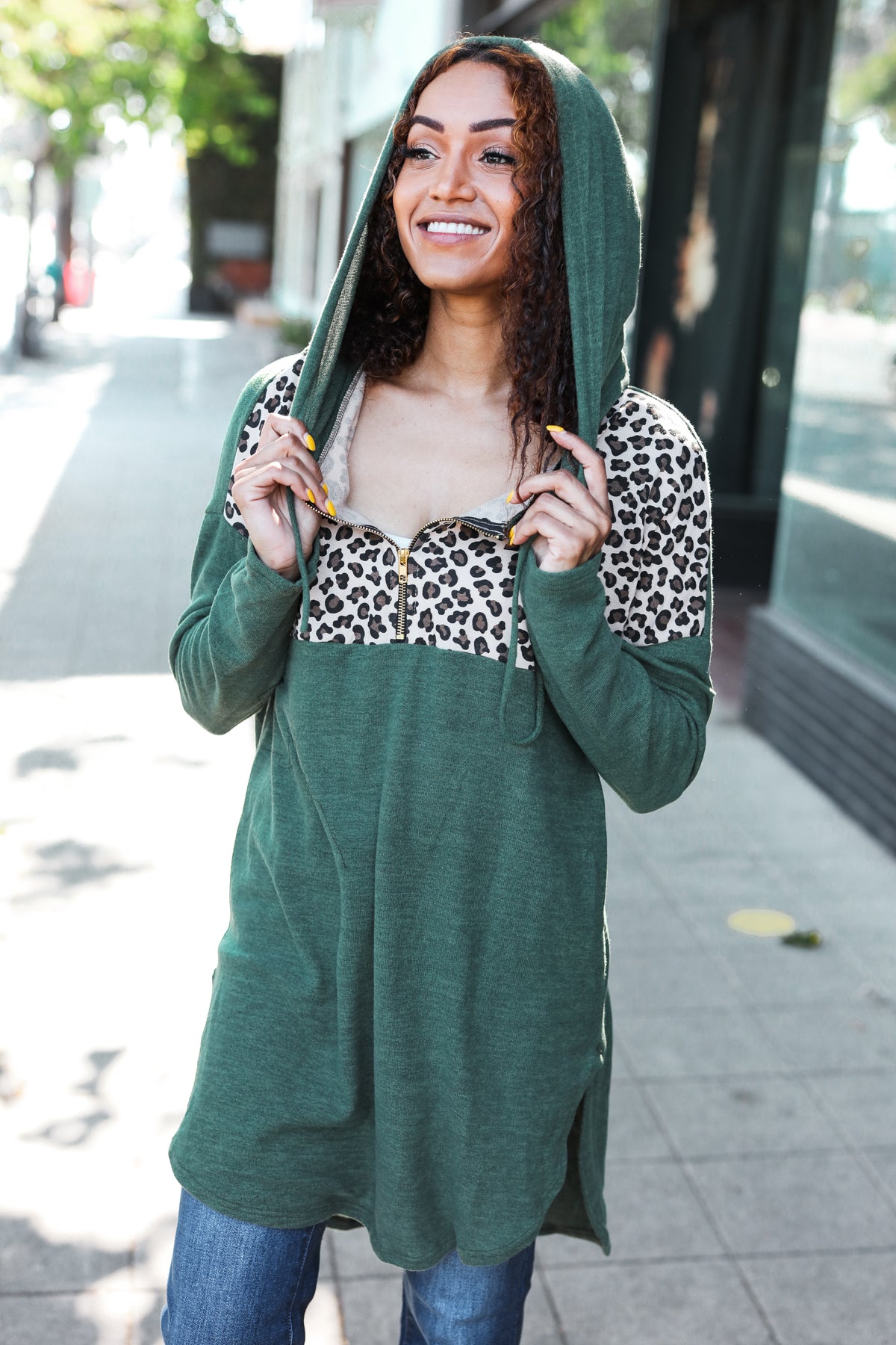 Olive Leopard Half Zip Longline Hoodie