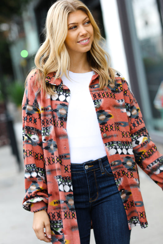 Rust Aztec Print Button Down Brushed Shacket