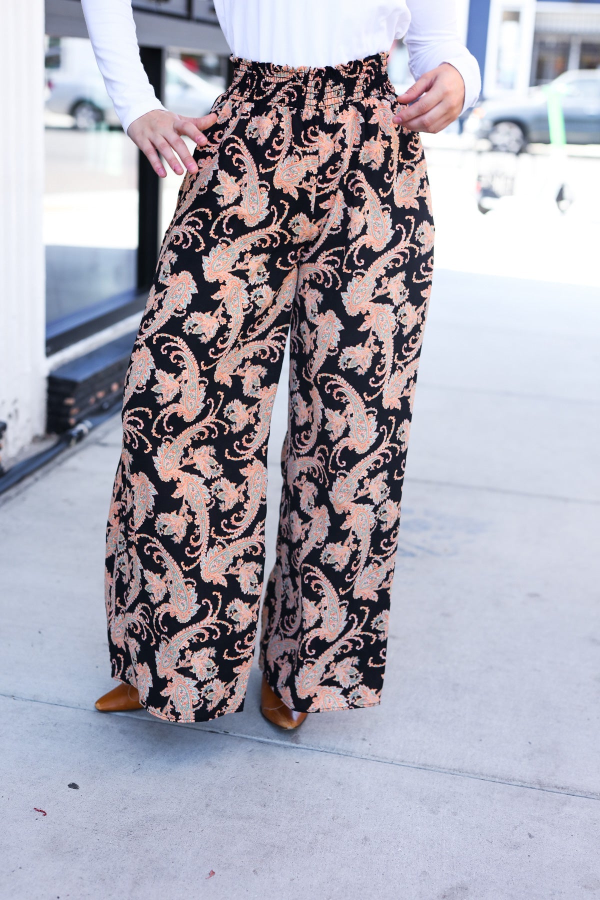 Black Paisley Smocked Waist Palazzo Pants