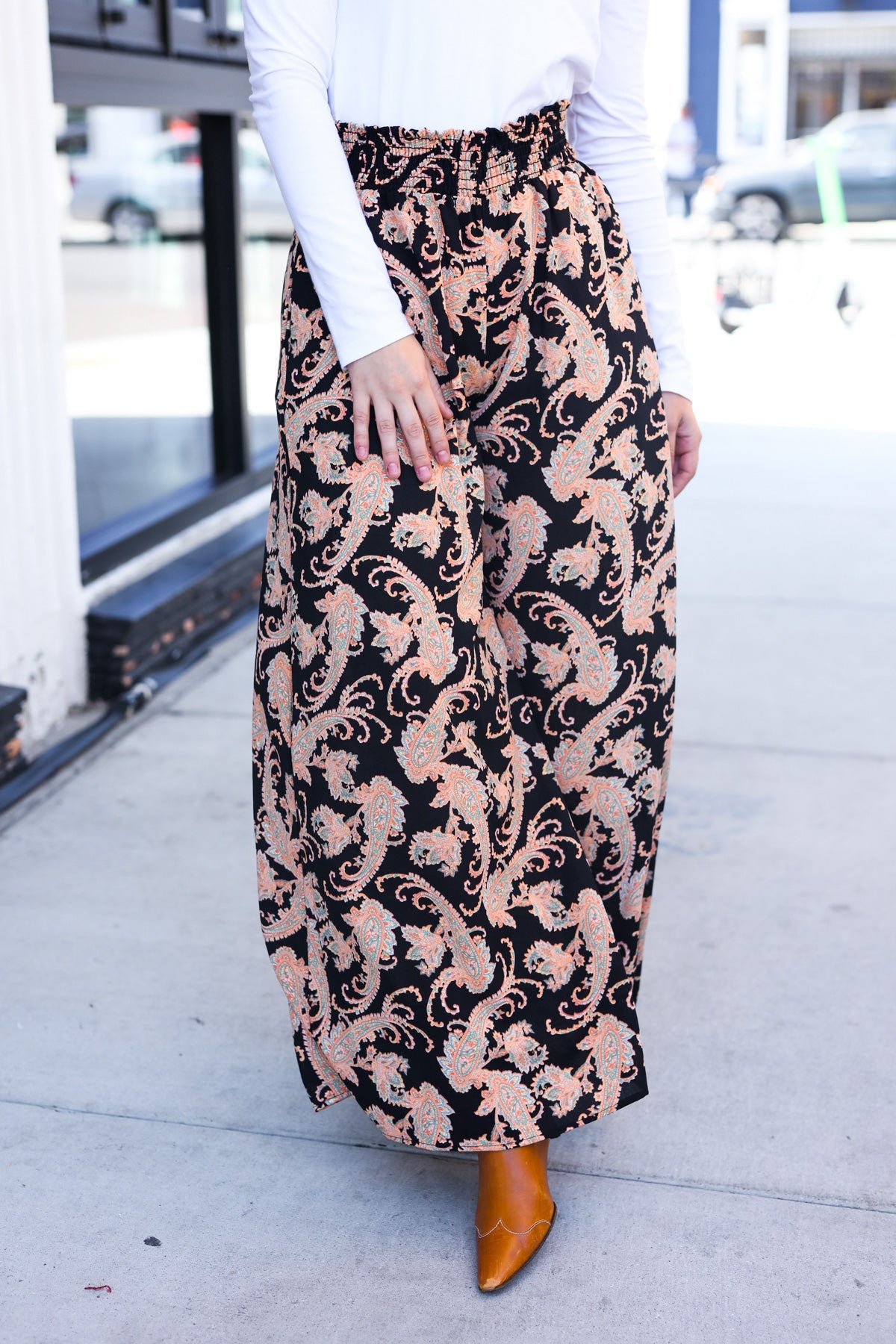 Black Paisley Smocked Waist Palazzo Pants