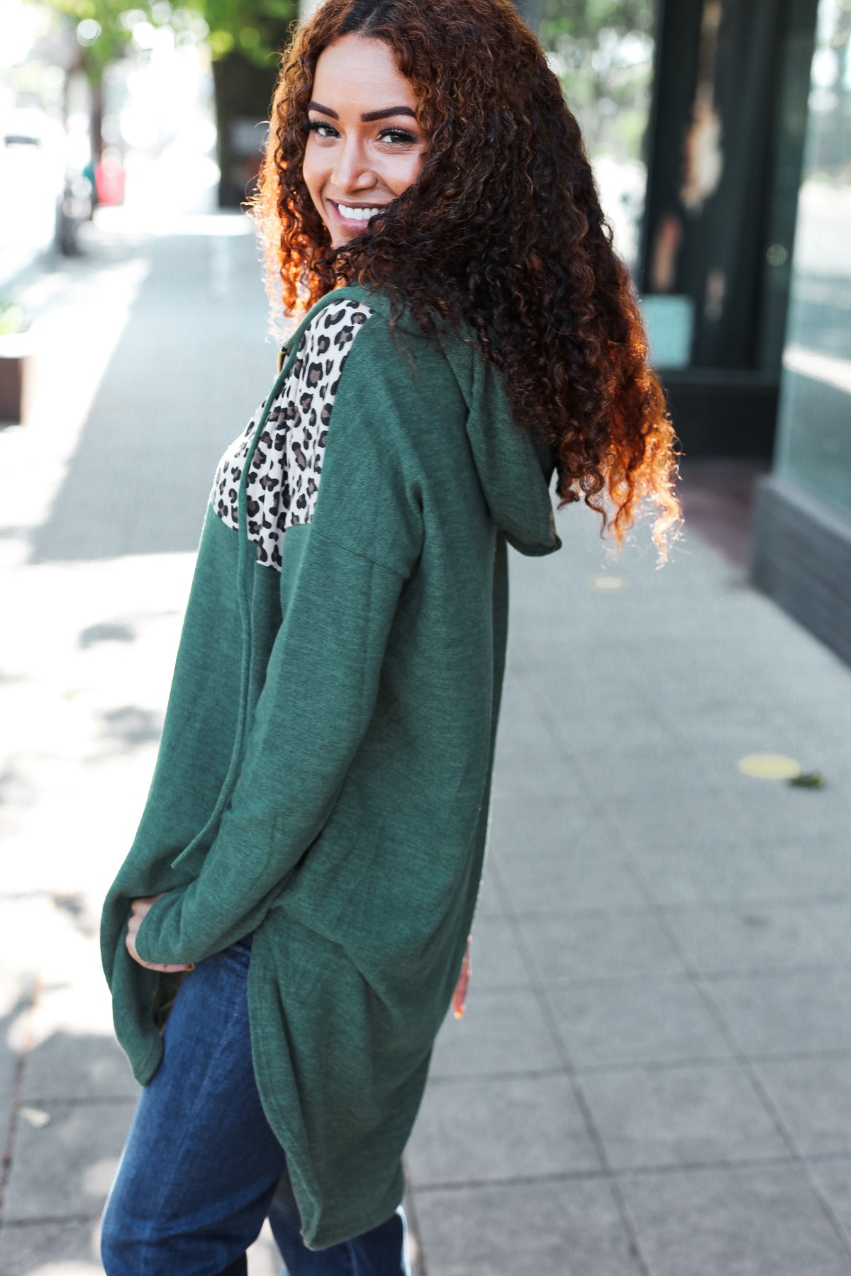 Olive Leopard Half Zip Longline Hoodie