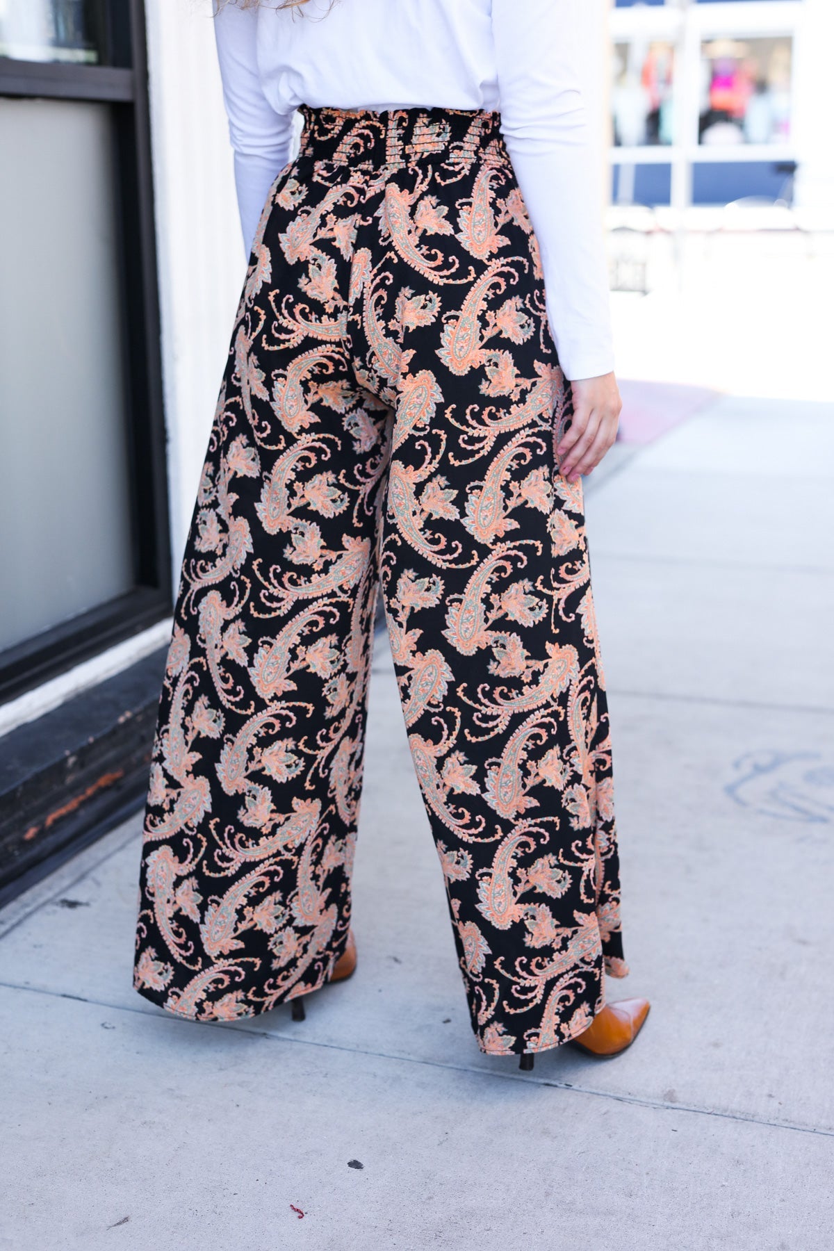 Black Paisley Smocked Waist Palazzo Pants