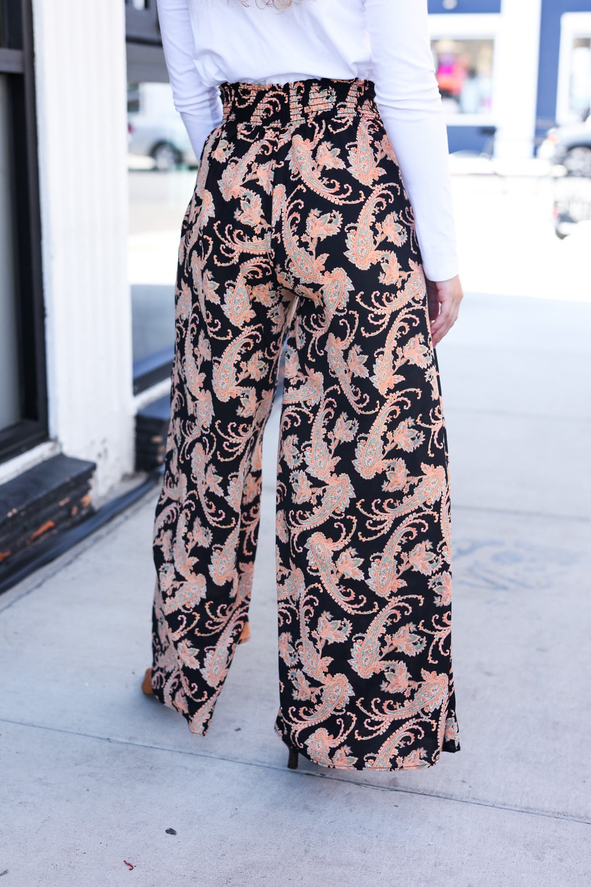 Black Paisley Smocked Waist Palazzo Pants