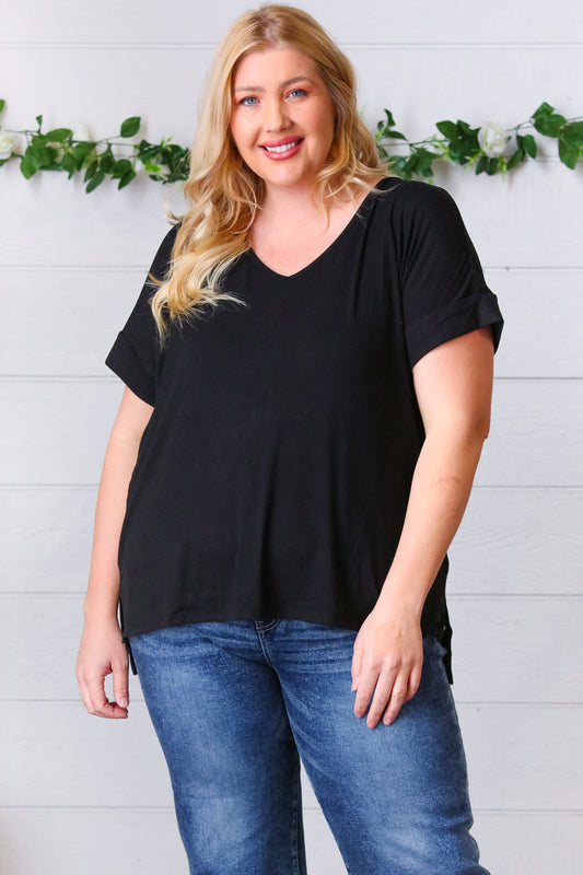 Black Ribbed V-Neck Hi-Low Hem Top