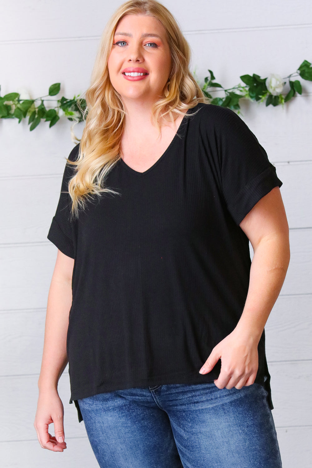 Black Ribbed V-Neck Hi-Low Hem Top