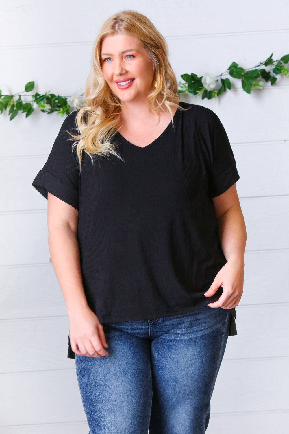 Black Ribbed V-Neck Hi-Low Hem Top