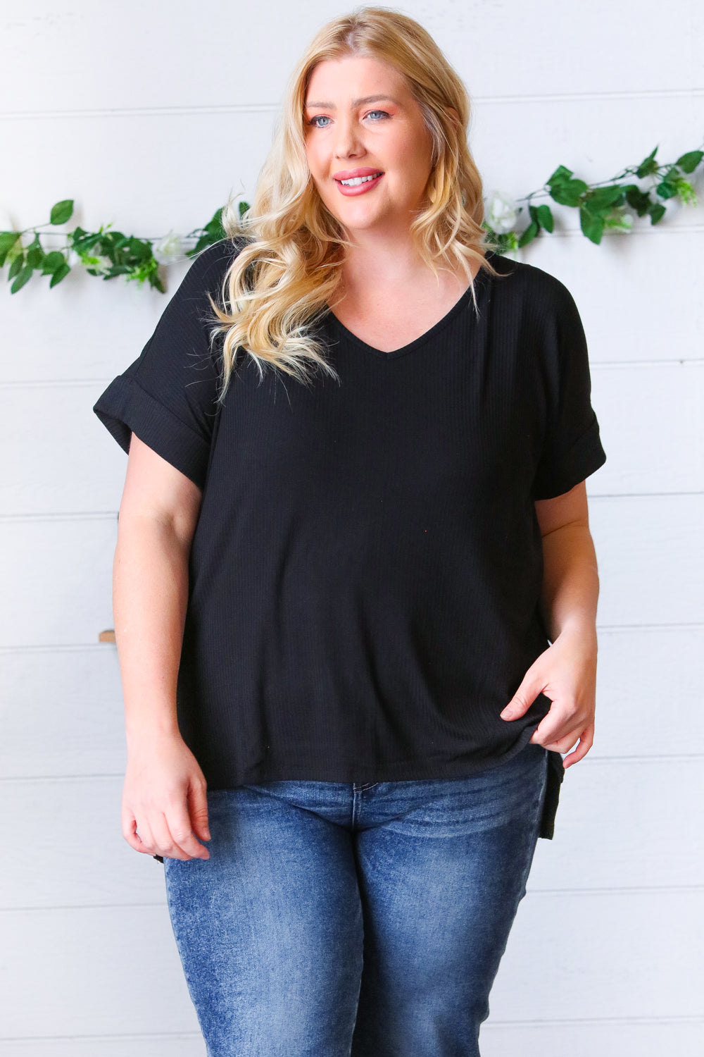 Black Ribbed V-Neck Hi-Low Hem Top