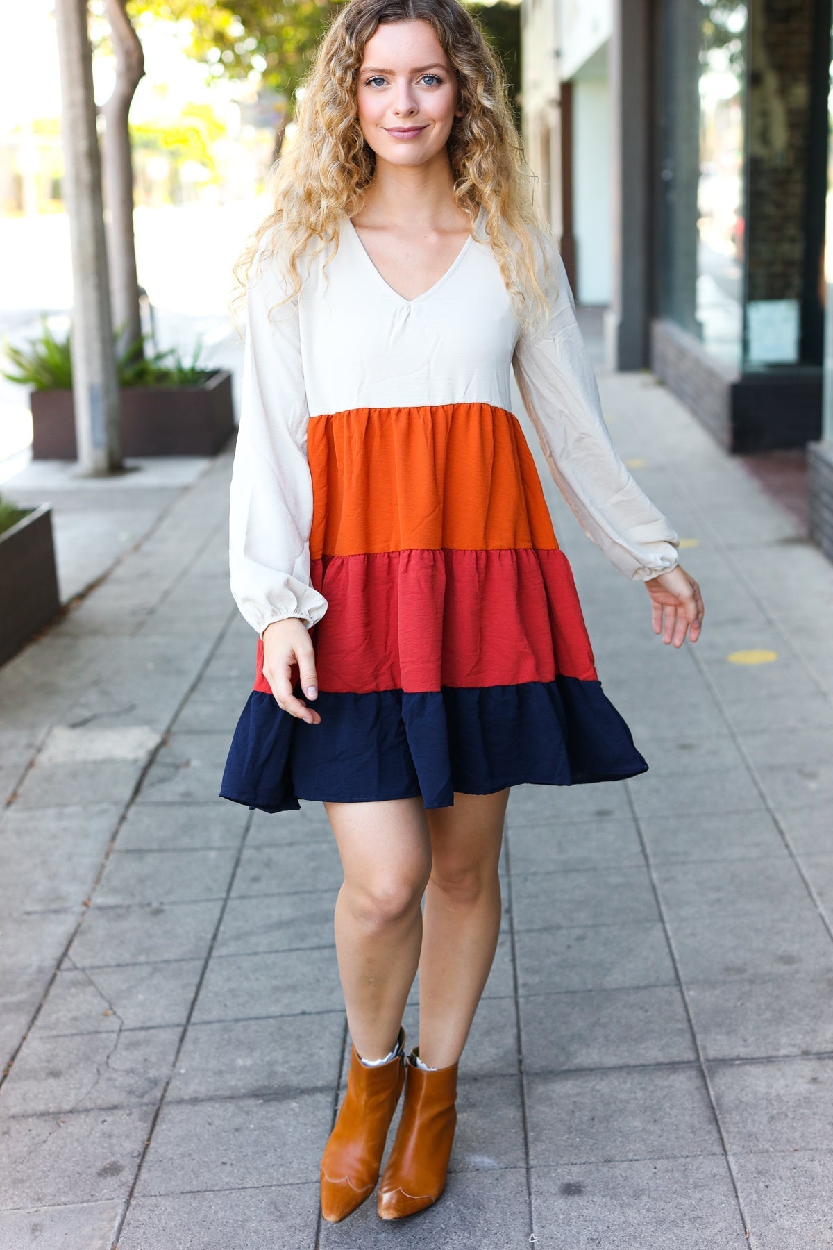 Orange & Multicolor Tiered Babydoll Dress