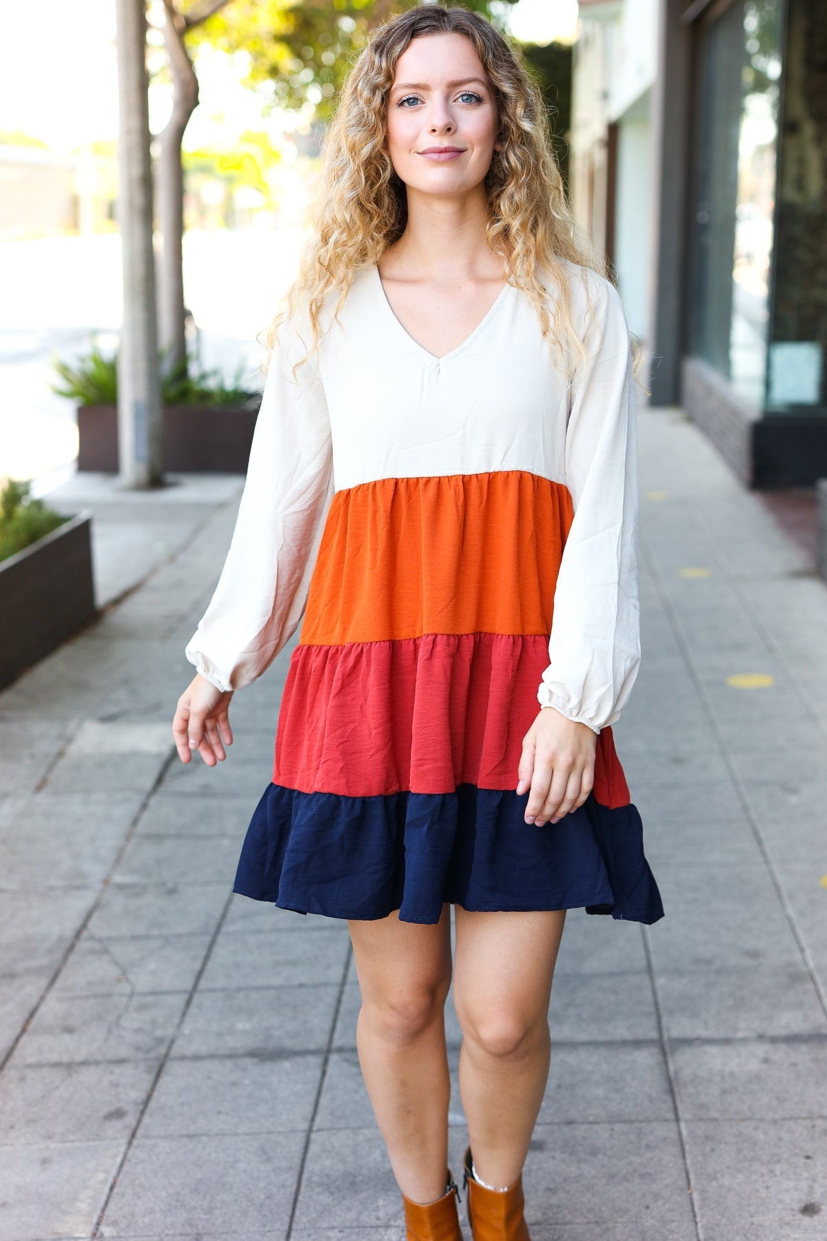 Orange & Multicolor Tiered Babydoll Dress