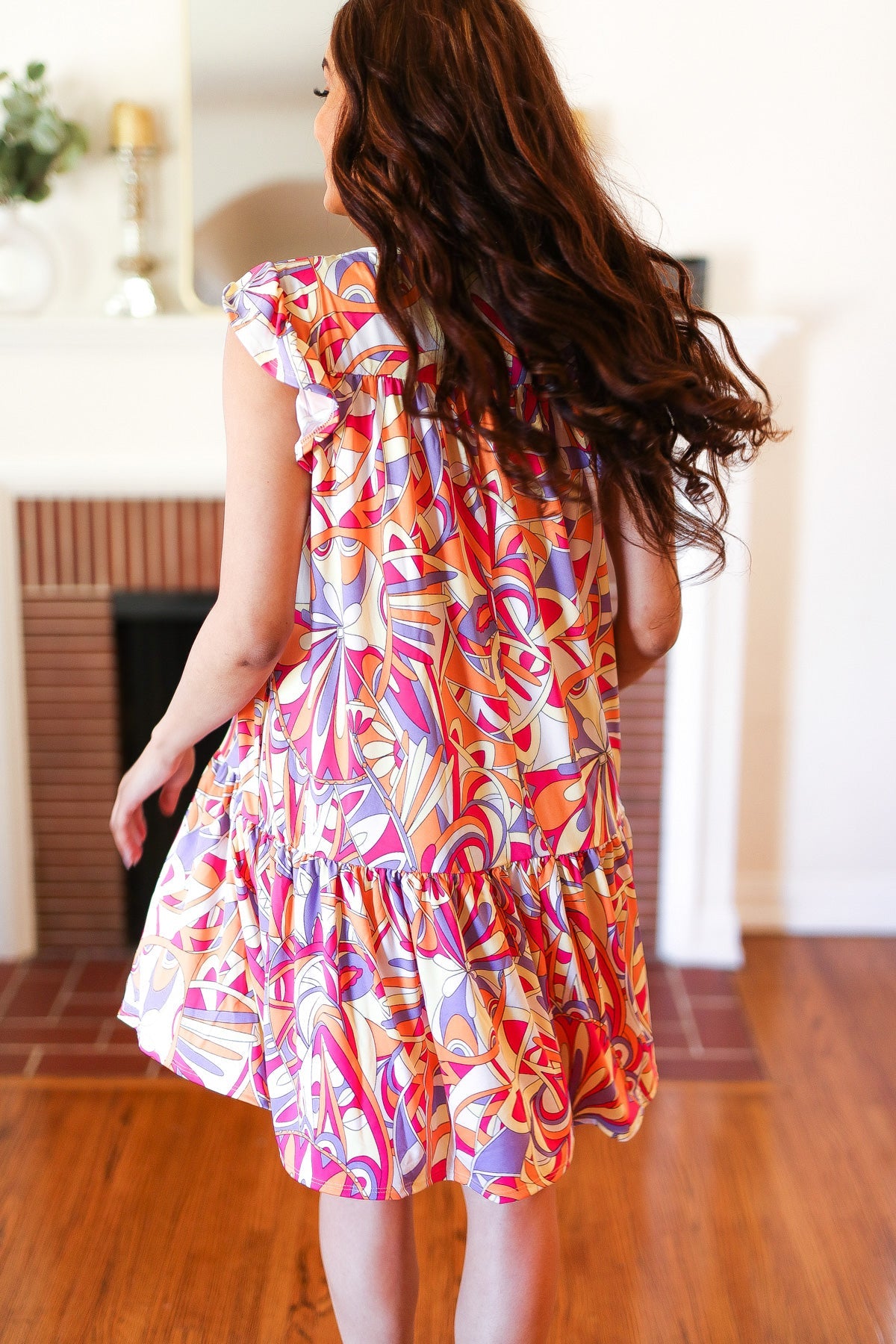 Multicolor Geometric Flutter Sleeve Dress